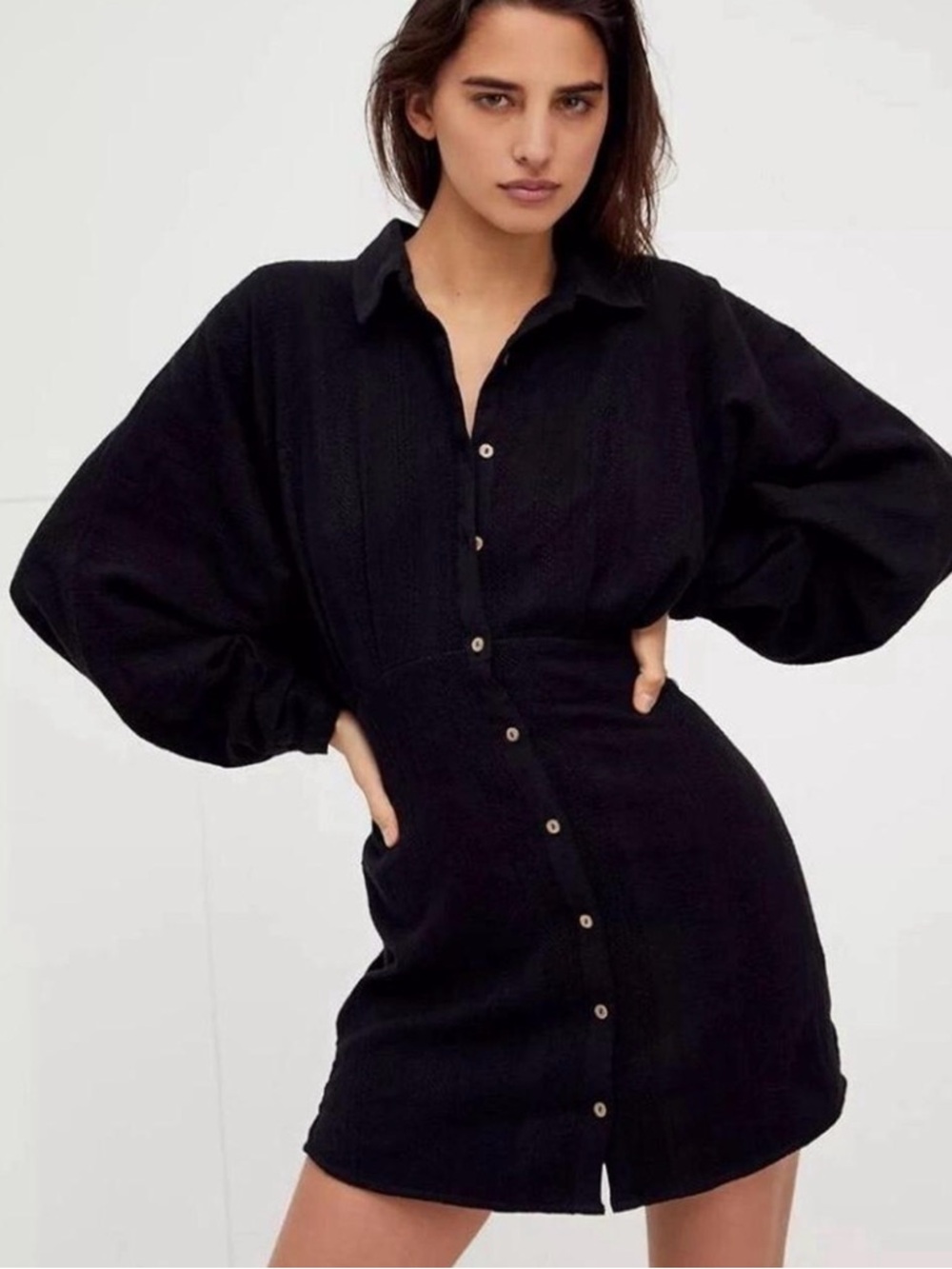 Free people Black Button-Front Mini Dress with Balloon Sleeves